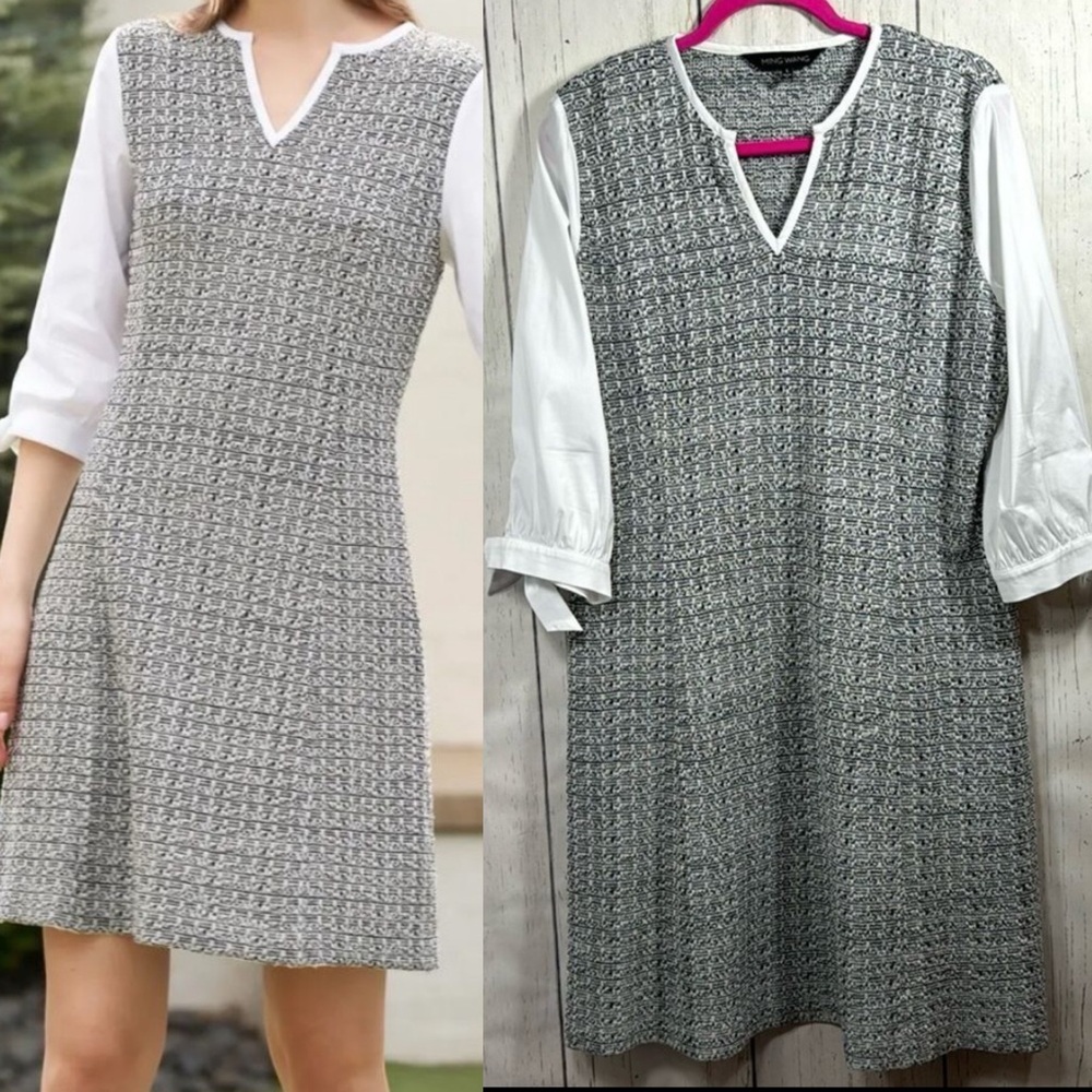 Ming Wang Tweed Knit Shift Dress with White Sleeves Size L Classic Workwear